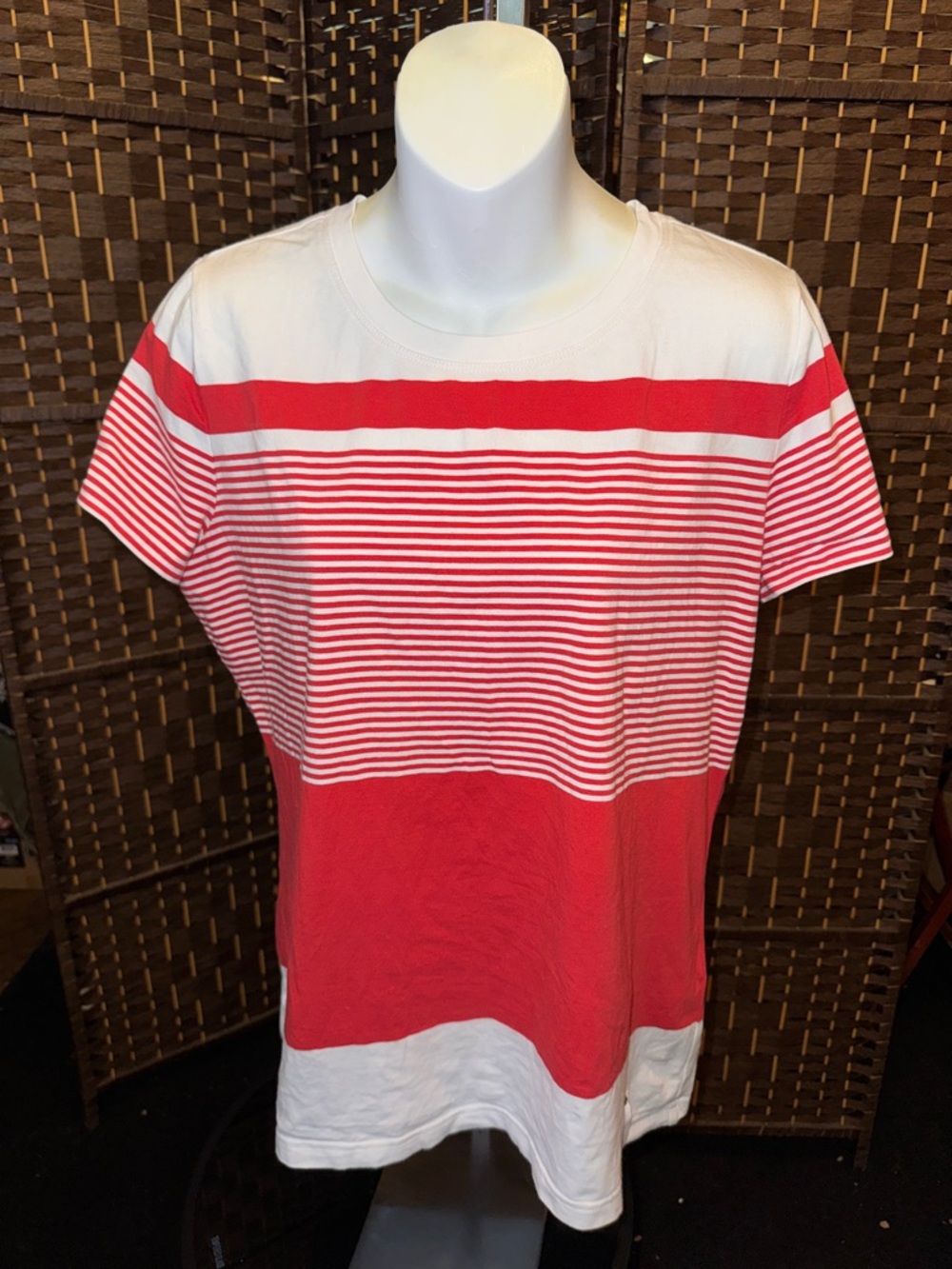Lauren Ralph Lauren Red and White Striped Short Sleeve Top large